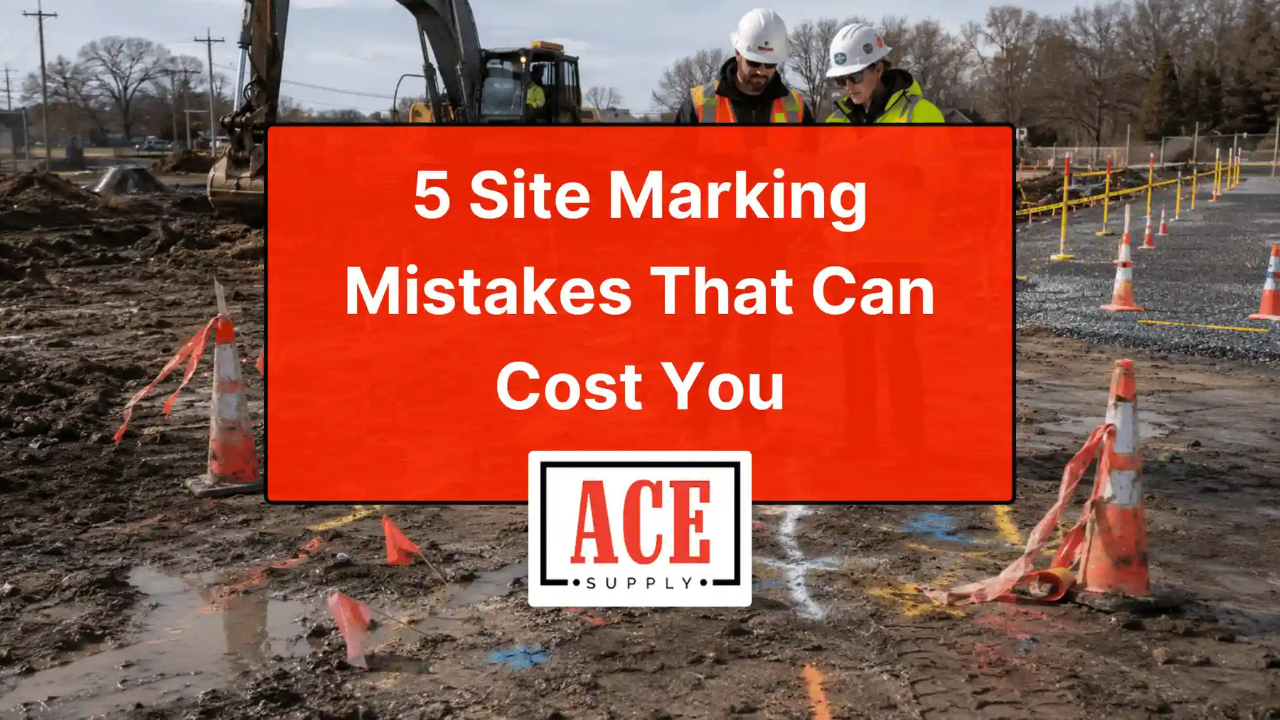Muddy construction site with cones, flags, spray markings, and workers reviewing plans, overlaid with a title about five costly site marking mistakes and an ACE Supply logo.