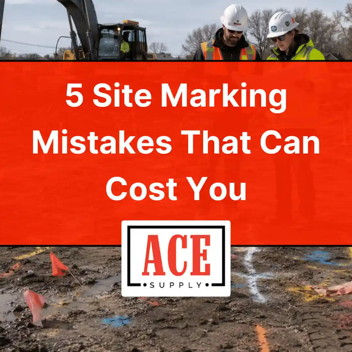 Muddy construction site with cones, flags, spray markings, and workers reviewing plans, overlaid with a title about five costly site marking mistakes and an ACE Supply logo.
