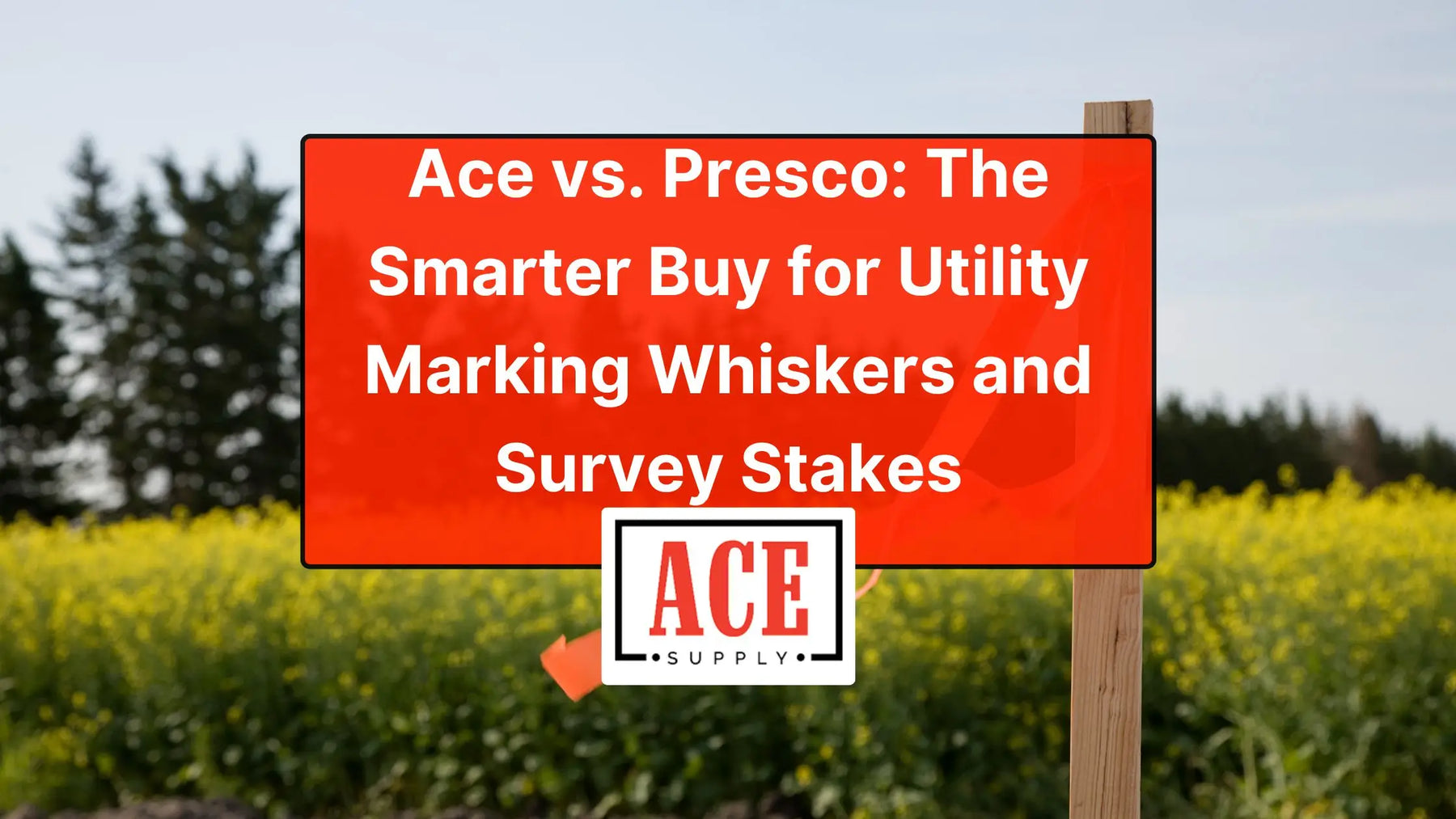 Comparison image featuring Ace Supply logo and survey stake with orange ribbon highlighting ace vs presco marking whiskers performance and durability.