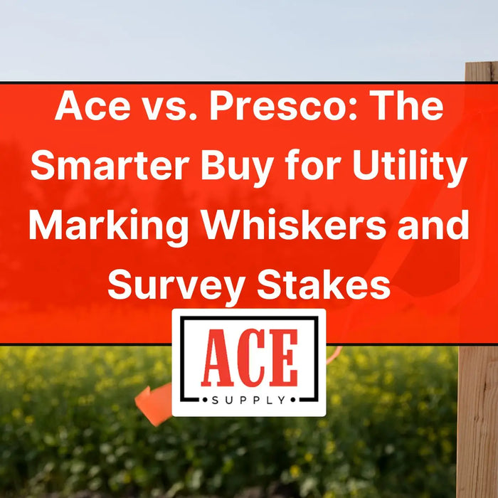 Comparison image featuring Ace Supply logo and survey stake with orange ribbon highlighting ace vs presco marking whiskers performance and durability.