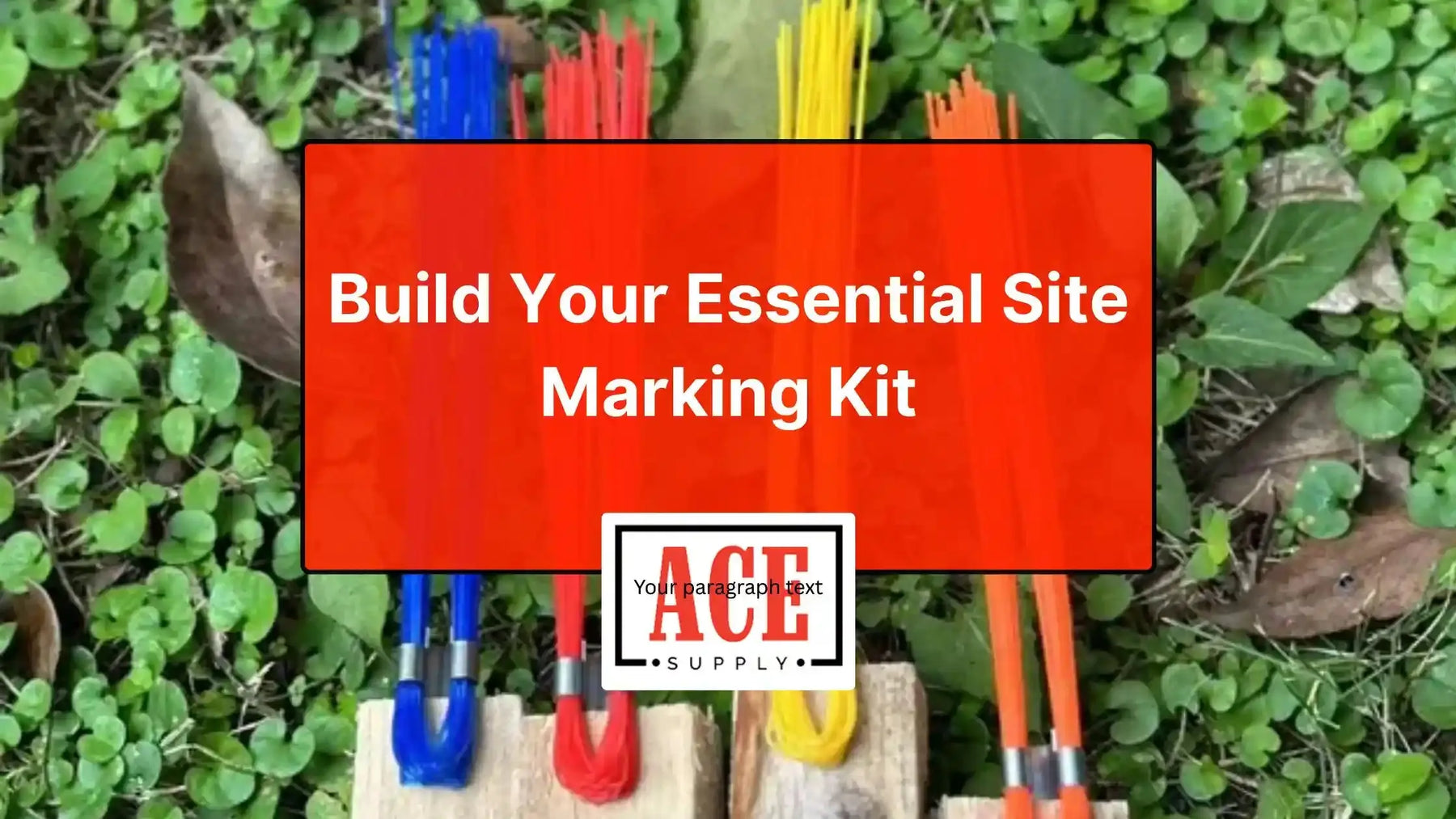 Complete site marking kit with colorful utility flags, marking whiskers, measuring tape, and stakes organized for professional construction and surveying use.