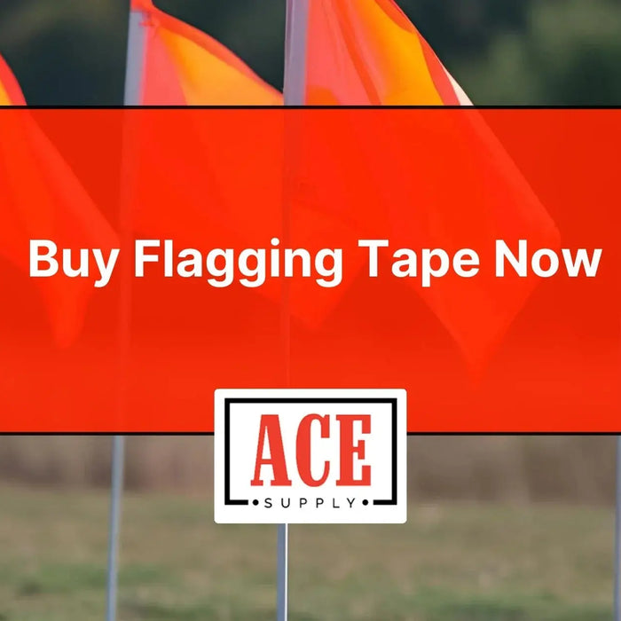 Colorful flagging tape tied to trees and stakes with Ace Supply logo showing durable options for construction and utility marking to buy flagging tape now.