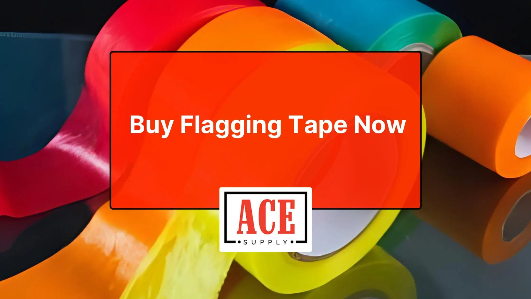 Colorful flagging tape tied to trees and stakes with Ace Supply logo showing durable options for construction and utility marking to buy flagging tape now.