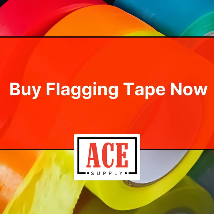 Colorful flagging tape tied to trees and stakes with Ace Supply logo showing durable options for construction and utility marking to buy flagging tape now.