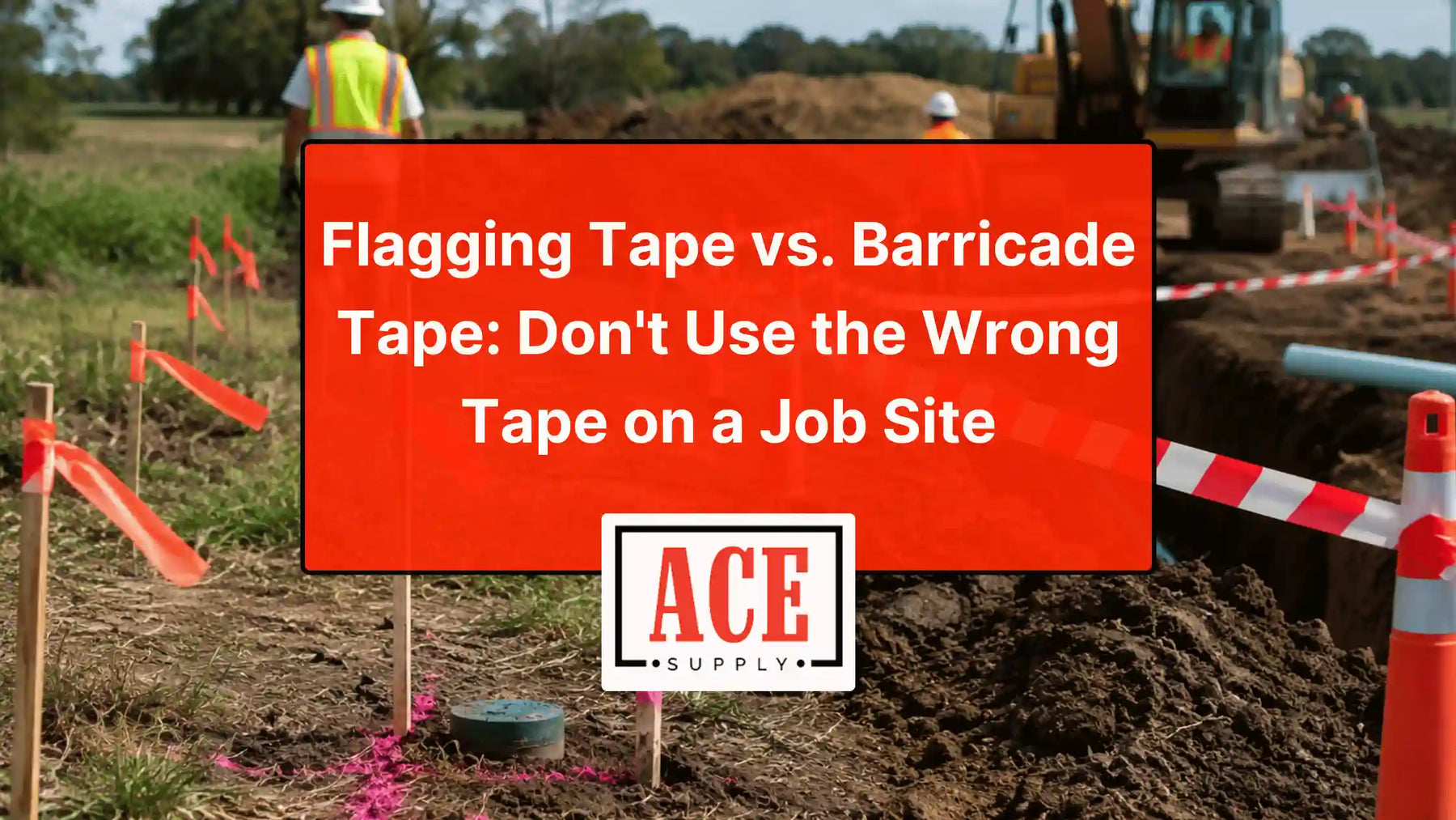 Active trenching operation marked with flagging tape, barricade tape, stakes, and safety cones, demonstrating how different tape types serve separate functions for marking locations and restricting access on a jobsite.