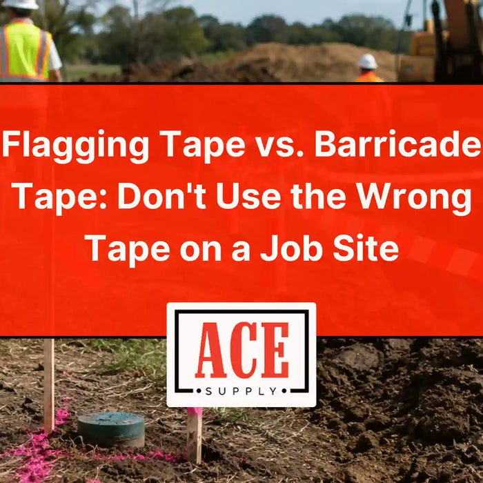Active trenching operation marked with flagging tape, barricade tape, stakes, and safety cones, demonstrating how different tape types serve separate functions for marking locations and restricting access on a jobsite.