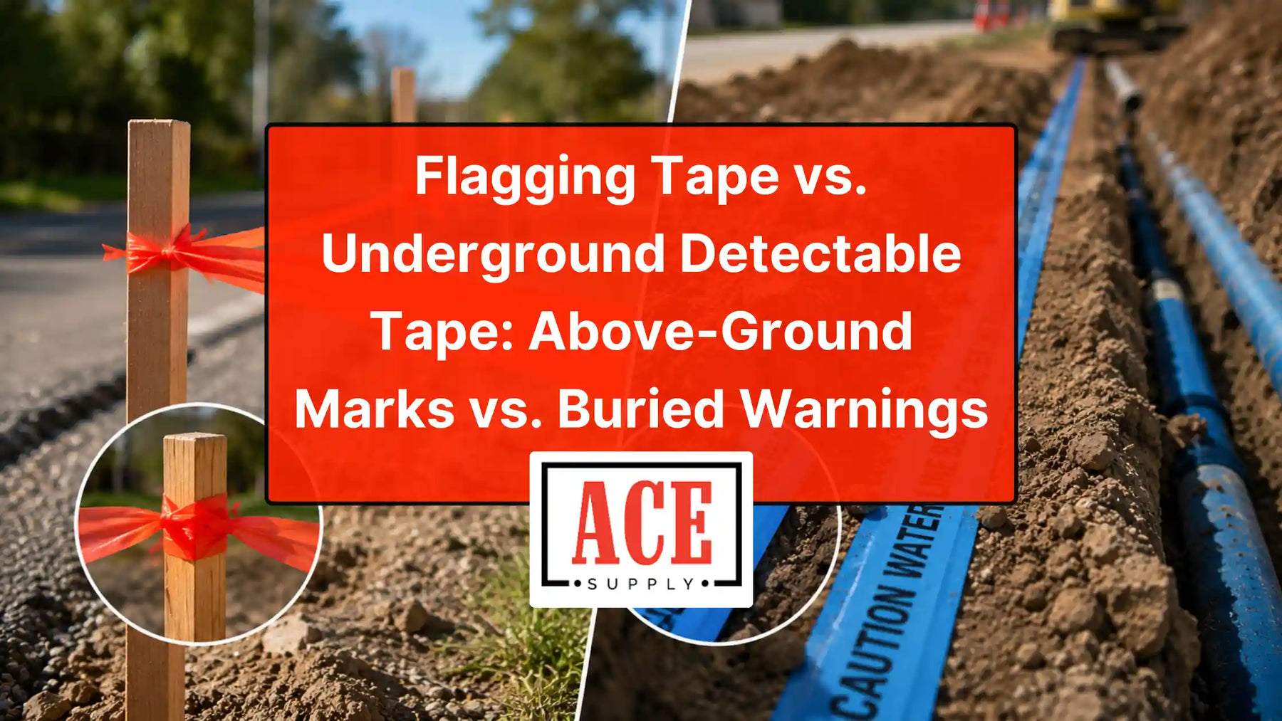 Orange flagging tape tied to a stake beside blue underground detectable tape in a trench for utility marking.