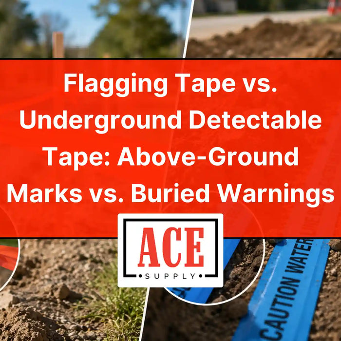 Orange flagging tape tied to a stake beside blue underground detectable tape in a trench for utility marking.