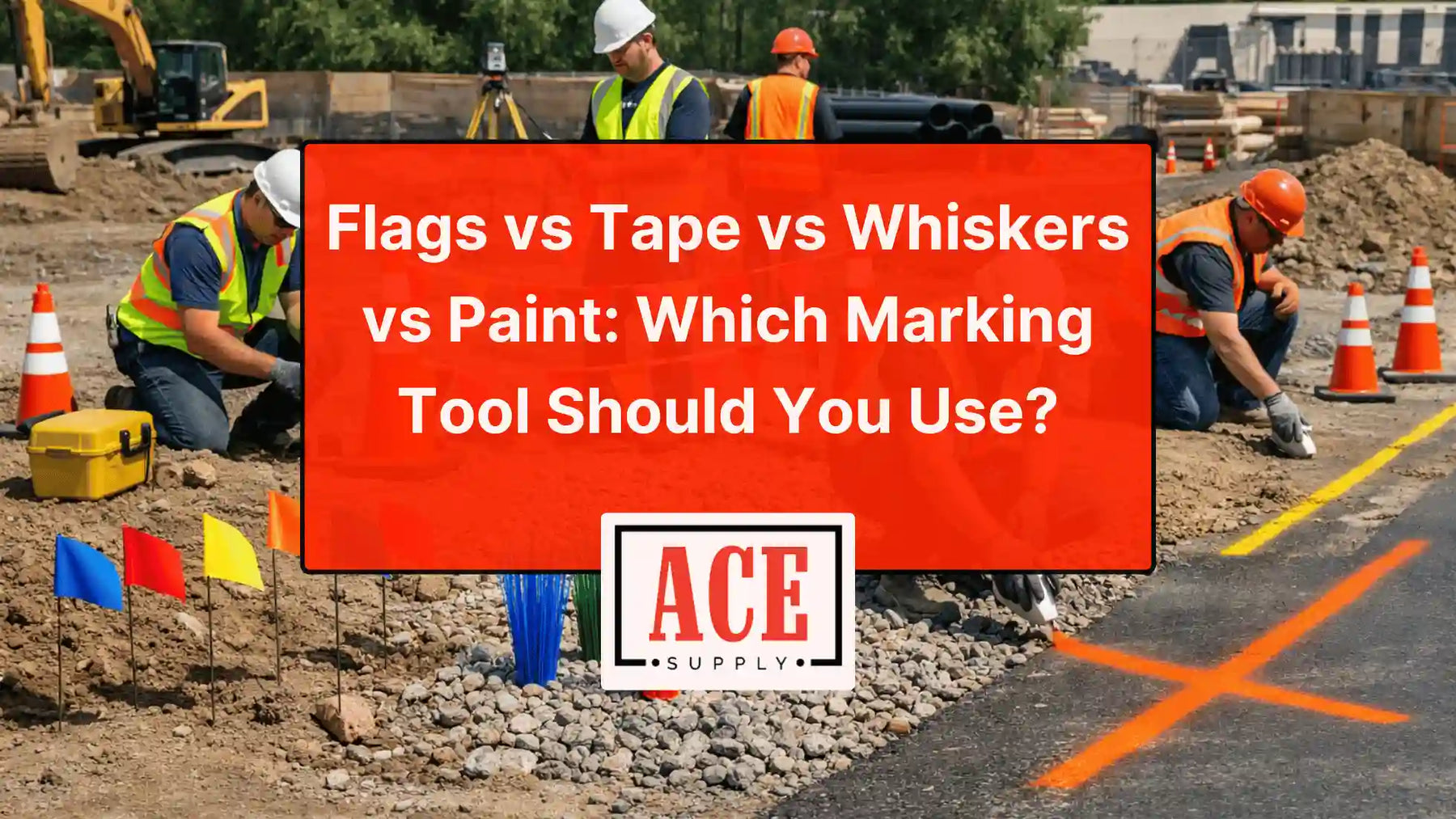 Workers on an active construction site use different marking methods including colored flags, whisker markers, and spray paint, with a large title overlay comparing marking tool options and an ACE Supply logo.