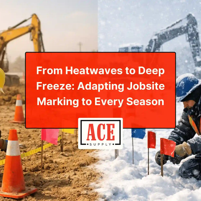 Split image of a hot, dusty worksite on the left and a snowy jobsite on the right, both with workers and cones; centered red title box reads “From Heatwaves to Deep Freeze: Adapting Jobsite Marking to Every Season” with the ACE Supply logo.