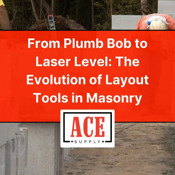 Masons laying concrete block walls on a construction site with text overlay reading ‘From Plumb Bob to Laser Level: The Evolution of Layout Tools in Masonry.’