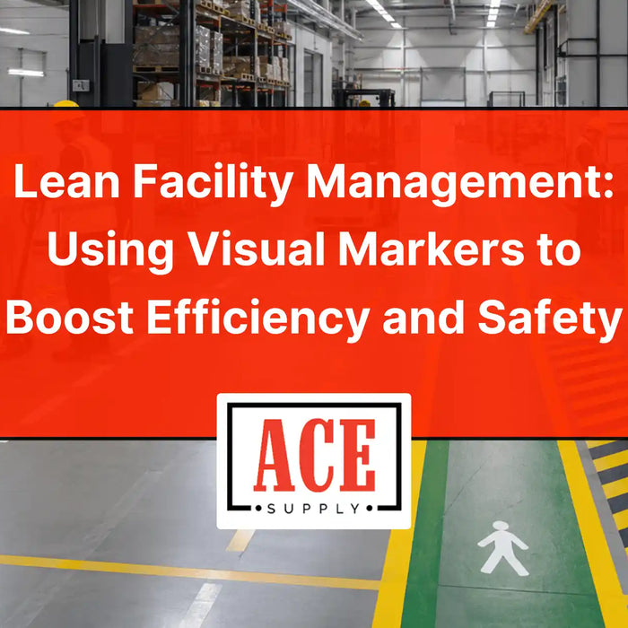 Warehouse interior with marked walkways, safety striping, and pallet areas, overlaid with a title about using visual markers to improve efficiency and safety and an ACE Supply logo.