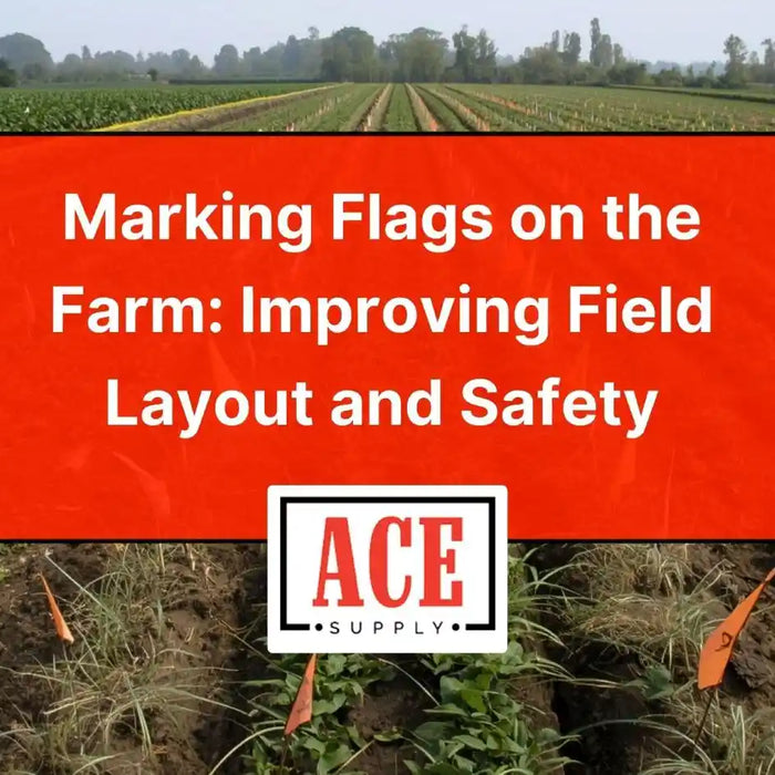Crop rows in a farm field marked with orange and yellow flags, with a large title banner reading “Marking Flags on the Farm: Improving Field Layout and Safety” and an ACE Supply logo below.