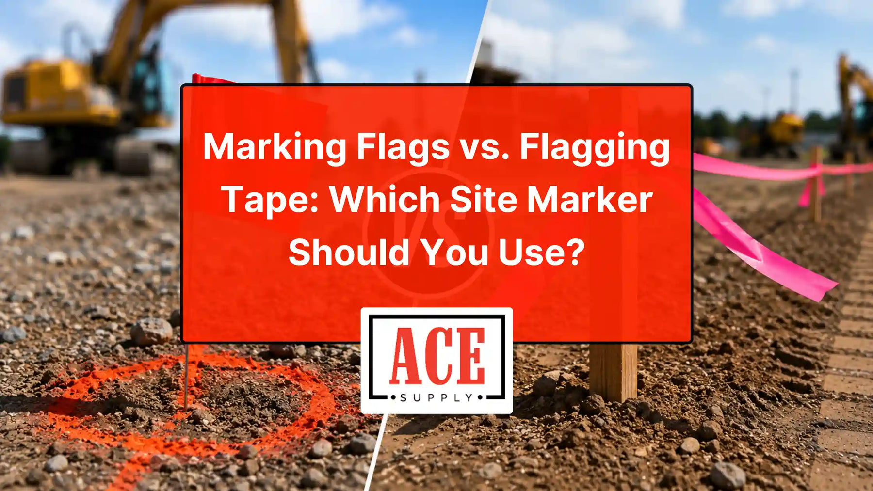 Jobsite comparison graphic showing marking flags for point identification and flagging tape for longer visual marking.