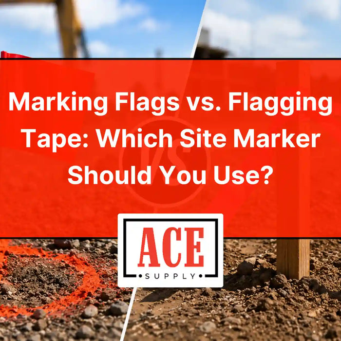 Jobsite comparison graphic showing marking flags for point identification and flagging tape for longer visual marking.
