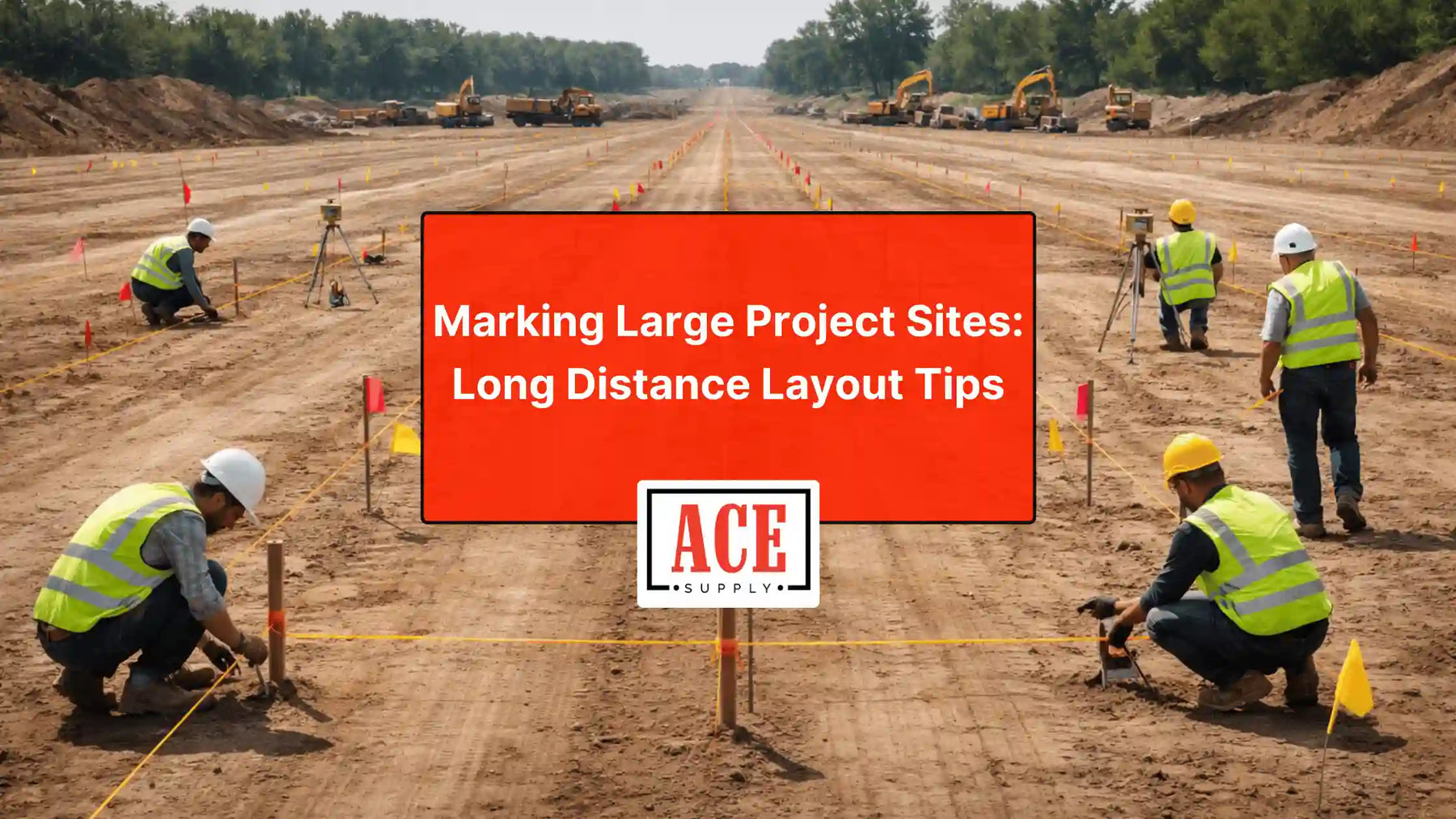 Wide view of a large graded construction site with survey stakes/flags and workers in safety vests; centered red title box reads “Marking Large Project Sites: Long Distance Layout Tips” with the ACE Supply logo.