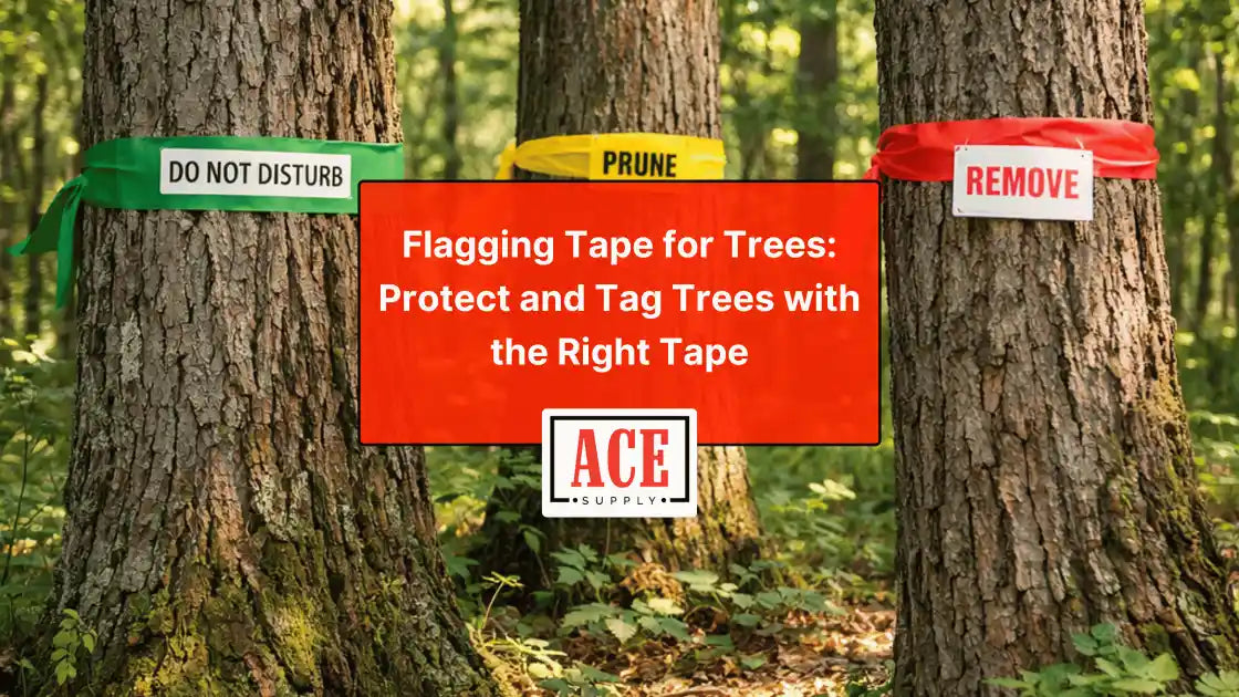 Three tree trunks in a forest are wrapped with green, yellow, and red flagging tape labeled “DO NOT DISTURB,” “PRUNE,” and “REMOVE,” with a red title box reading “Flagging Tape for Trees: Protect and Tag Trees with the Right Tape” and the ACE Supply logo.