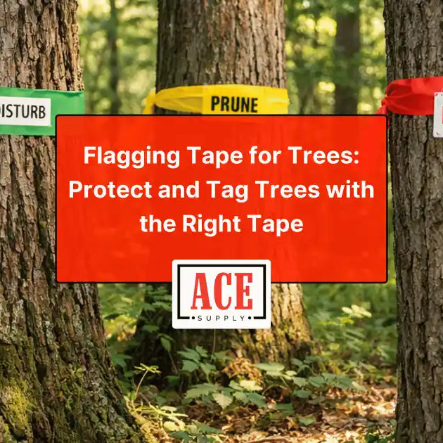 Three tree trunks in a forest are wrapped with green, yellow, and red flagging tape labeled “DO NOT DISTURB,” “PRUNE,” and “REMOVE,” with a red title box reading “Flagging Tape for Trees: Protect and Tag Trees with the Right Tape” and the ACE Supply logo.