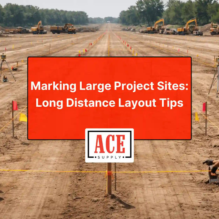 Wide view of a large graded construction site with survey stakes/flags and workers in safety vests; centered red title box reads “Marking Large Project Sites: Long Distance Layout Tips” with the ACE Supply logo.
