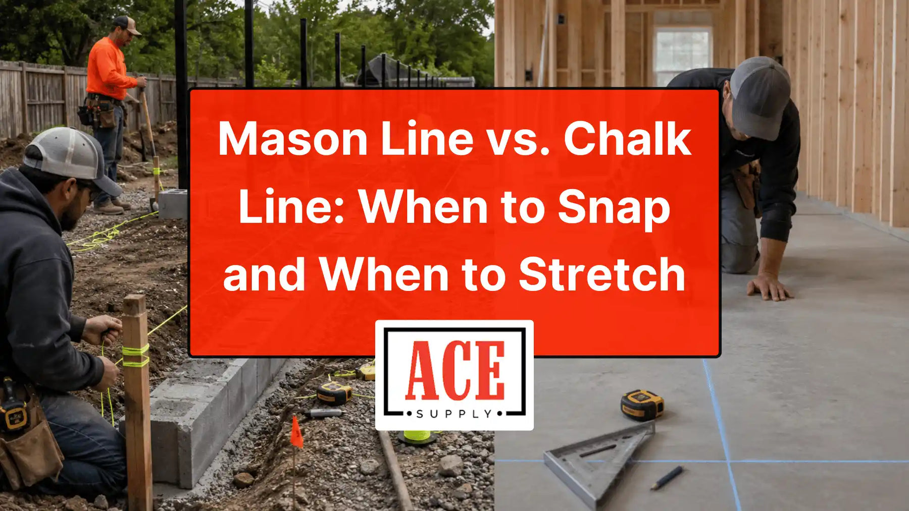 Split image showing workers using mason line outdoors on a construction layout and a worker snapping chalk lines indoors on a concrete floor, with a title comparing when to use each tool.