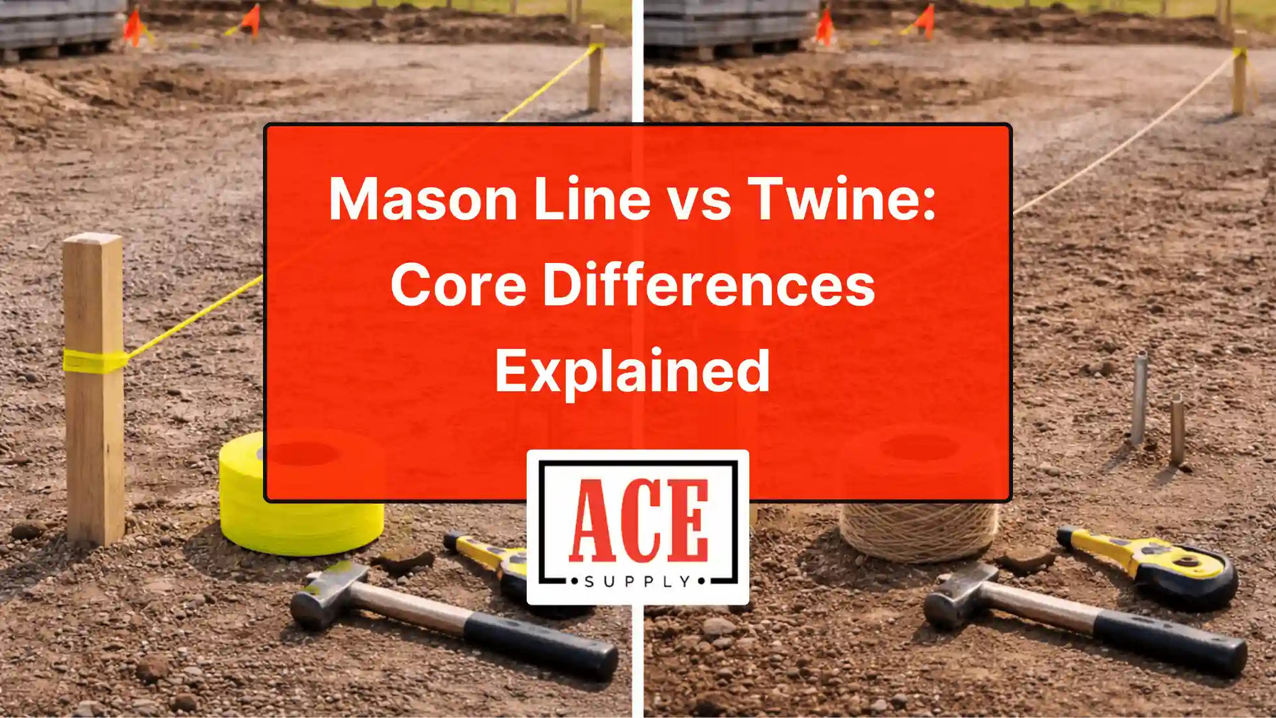Side-by-side comparison of neon mason line and natural twine attached to stakes on a dirt jobsite, with tools in the foreground and a title overlay about core differences between the two materials.