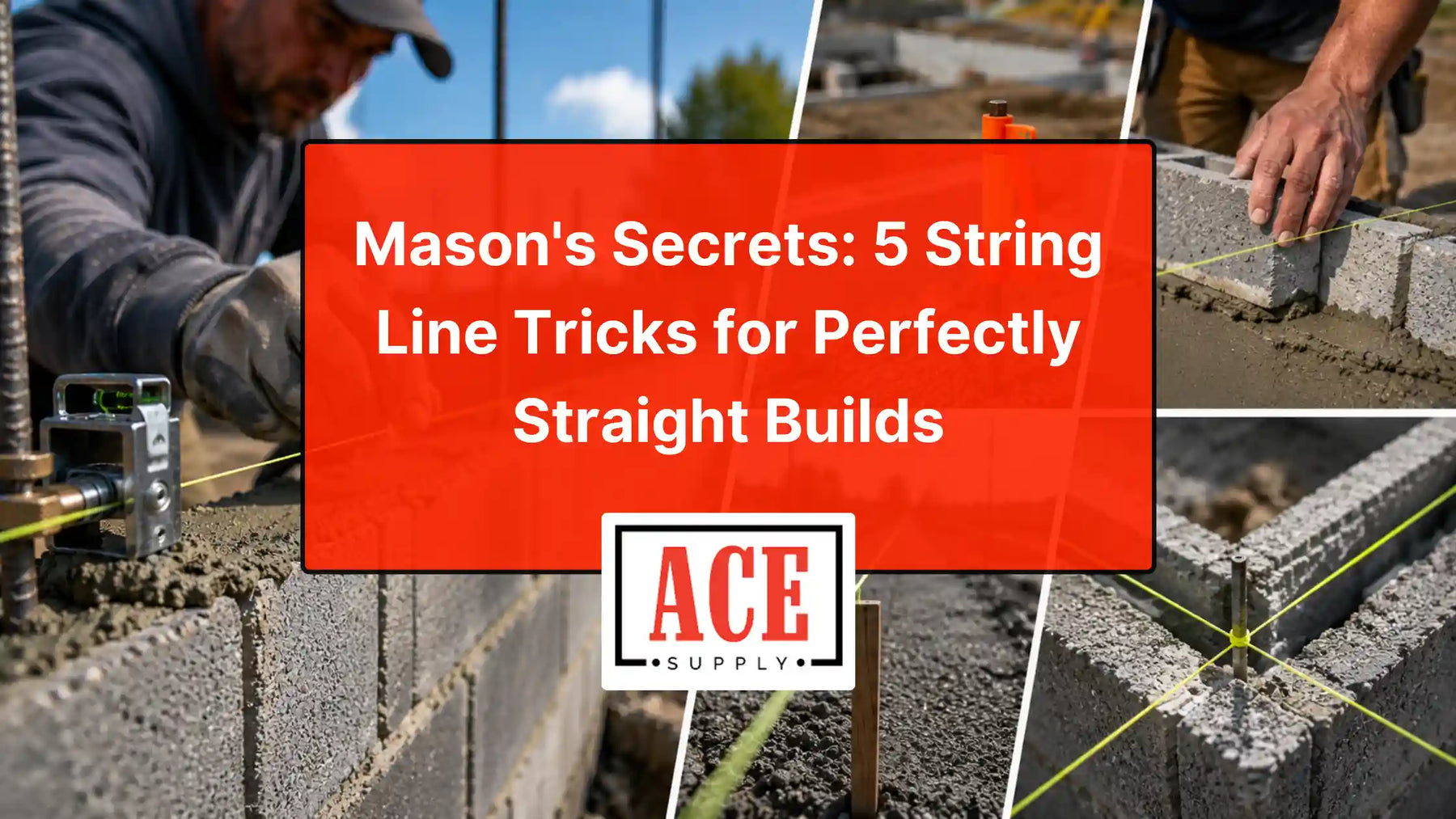 Mason using string line across concrete blocks to keep a wall layout straight and properly aligned.