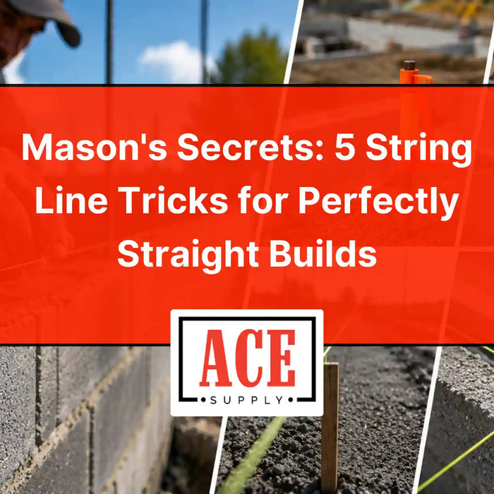 Mason using string line across concrete blocks to keep a wall layout straight and properly aligned.