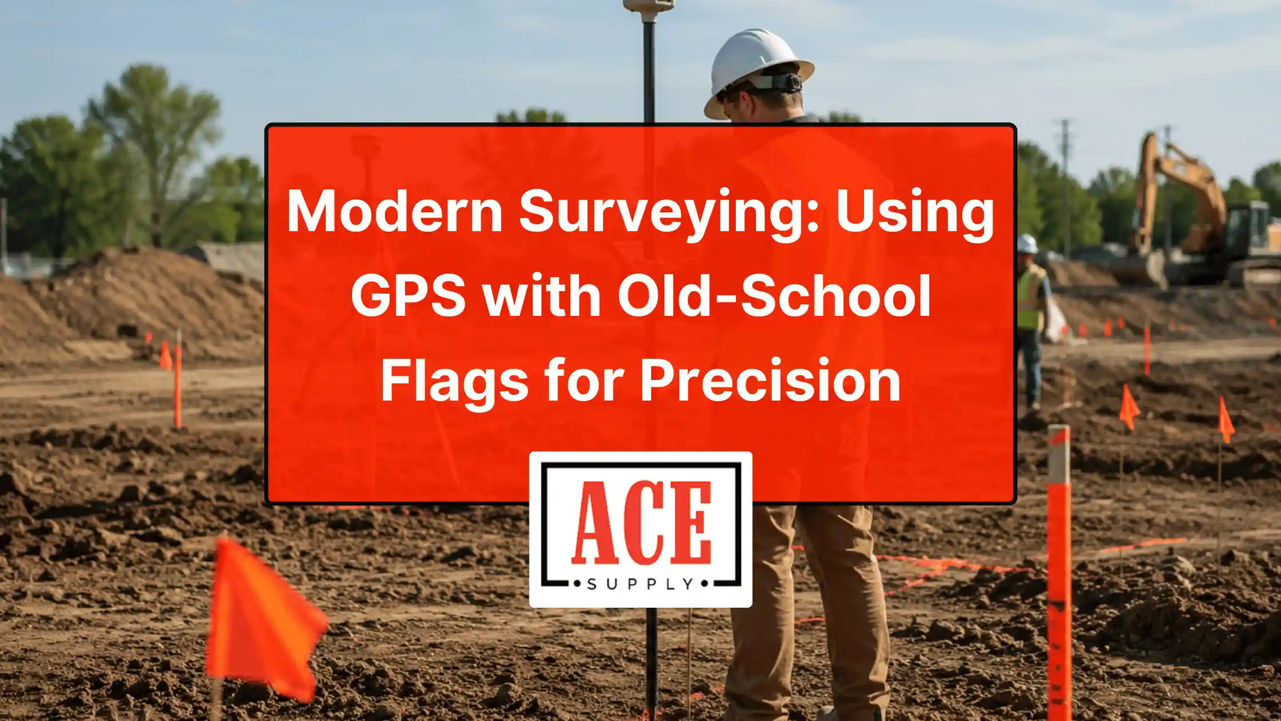 ACE Supply graphic showing GPS surveying and traditional survey flags used together for precise site marking.