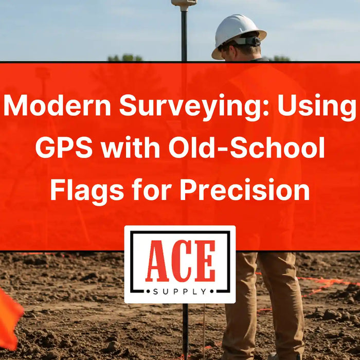ACE Supply graphic showing GPS surveying and traditional survey flags used together for precise site marking.