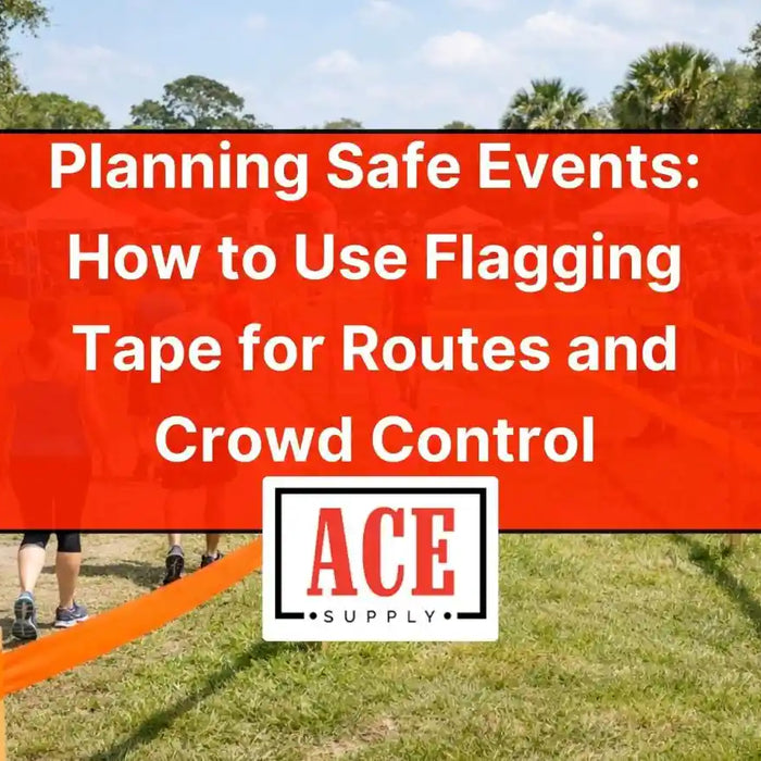 Large outdoor gathering with tents, crowds, and bright flagging tape forming walking lanes, with a title overlay about using flagging tape for routes and crowd control and an ACE Supply logo.