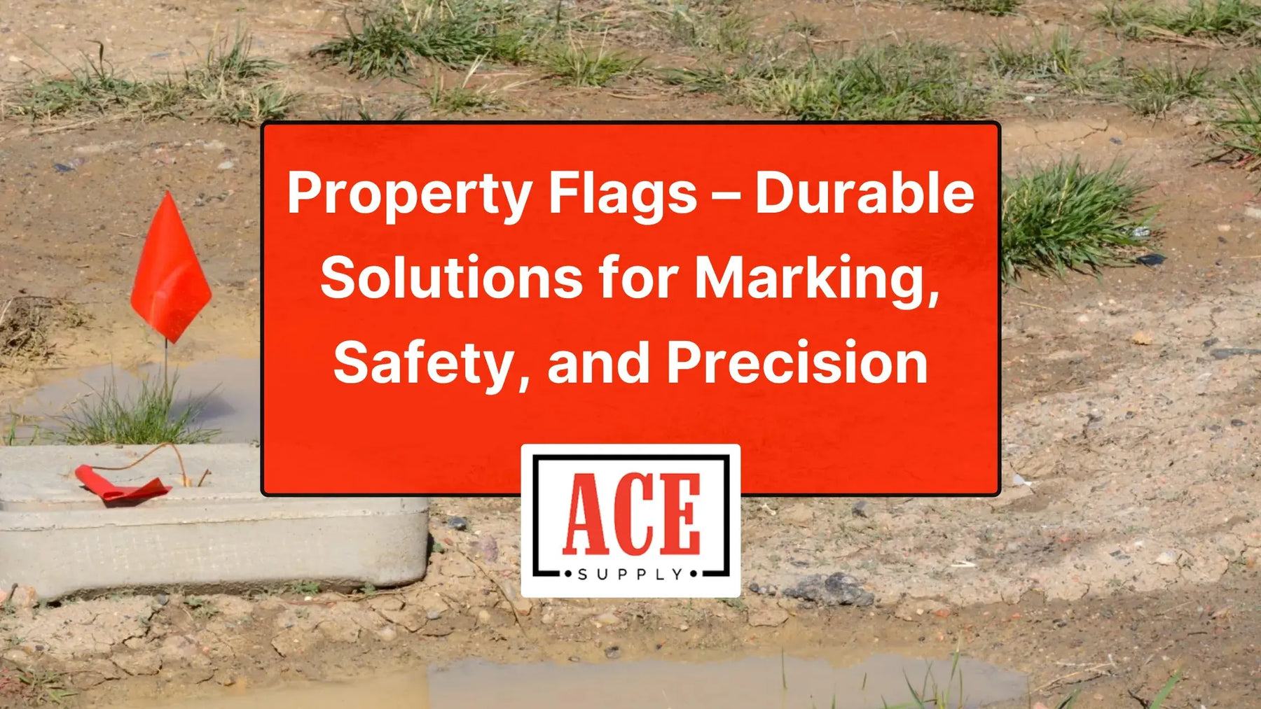 Orange marking flag placed at a construction site near concrete curb and muddy ground — Ace Supply property flag durability and safety visual.