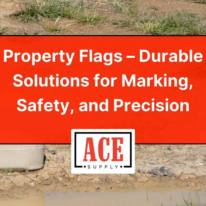 Orange marking flag placed at a construction site near concrete curb and muddy ground — Ace Supply property flag durability and safety visual.