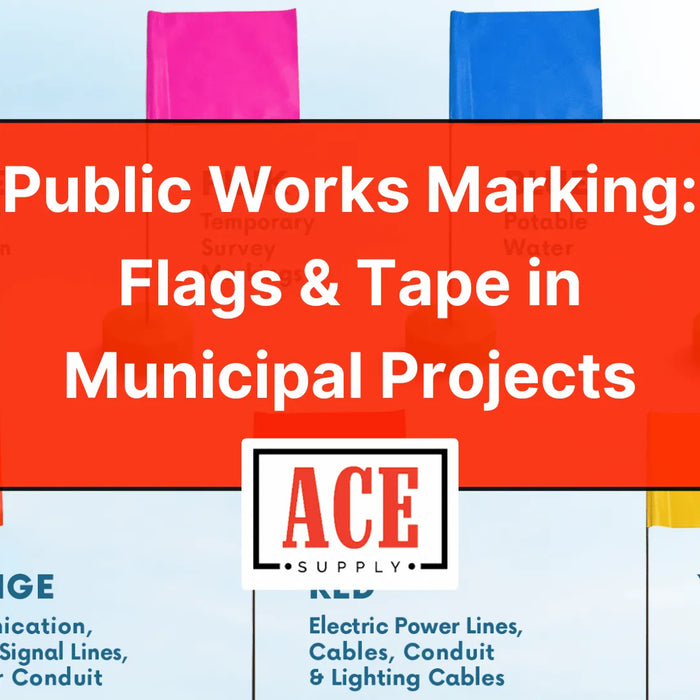 Graphic showing color-coded utility marking flags for public works projects, including white, pink, blue, green, orange, red, and yellow, with a title overlay about flags and tape in municipal projects and an ACE Supply logo.