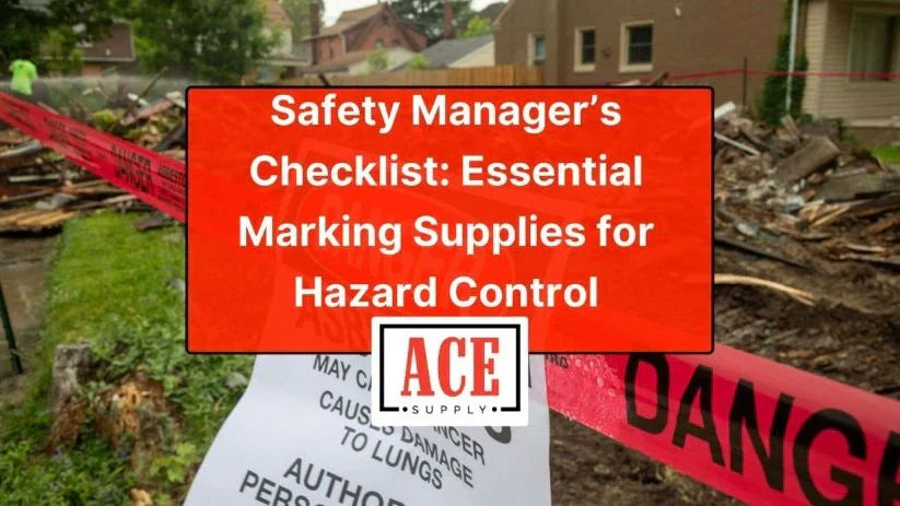 Demolition or hazard area blocked with red danger tape and warning signage, with a large title overlay reading Safety Manager’s Checklist: Essential Marking Supplies for Hazard Control and an ACE Supply logo.