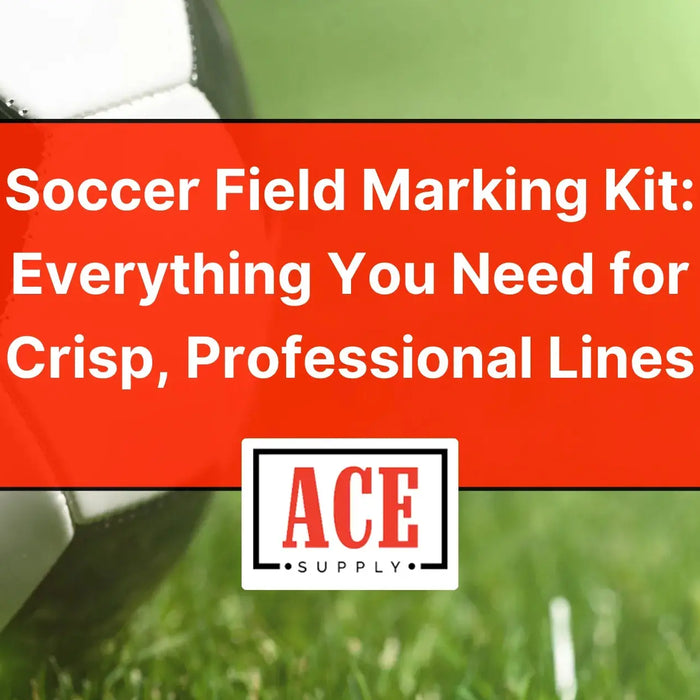 Close-up of soccer ball on freshly marked green field with Ace Supply title card promoting soccer field marking kits for professional lines.