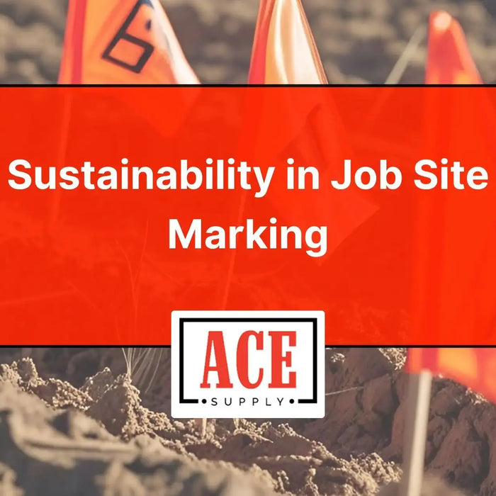 Orange job site marking flags placed in soil with text overlay reading ‘Sustainability in Job Site Marking,’ promoting environmentally responsible construction practices.