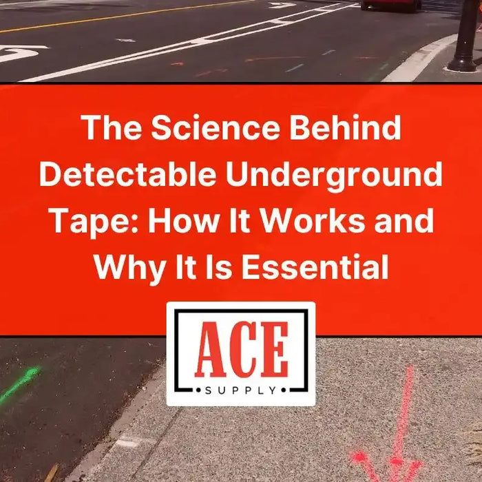 Roadway with colored underground utility markings and text overlay reading ‘The Science Behind Detectable Underground Tape: How It Works and Why It Is Essential.’