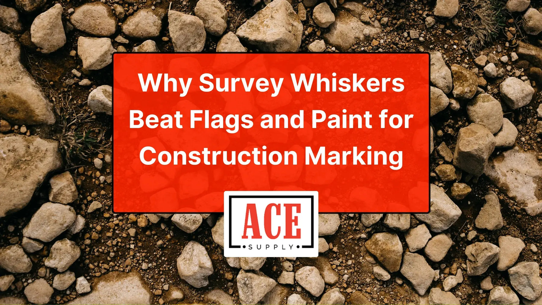 Ace Supply title card over rocky job-site background explaining advantages of survey whiskers for construction marking.