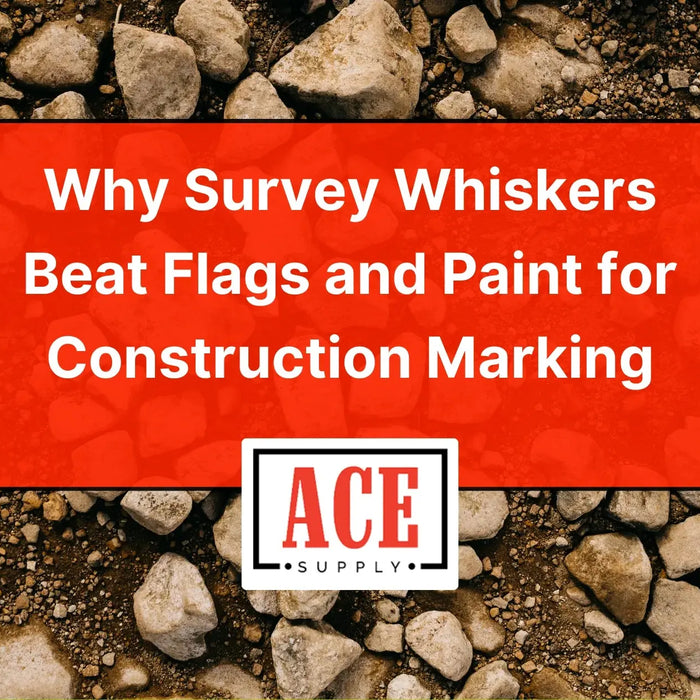 Ace Supply title card over rocky job-site background explaining advantages of survey whiskers for construction marking.