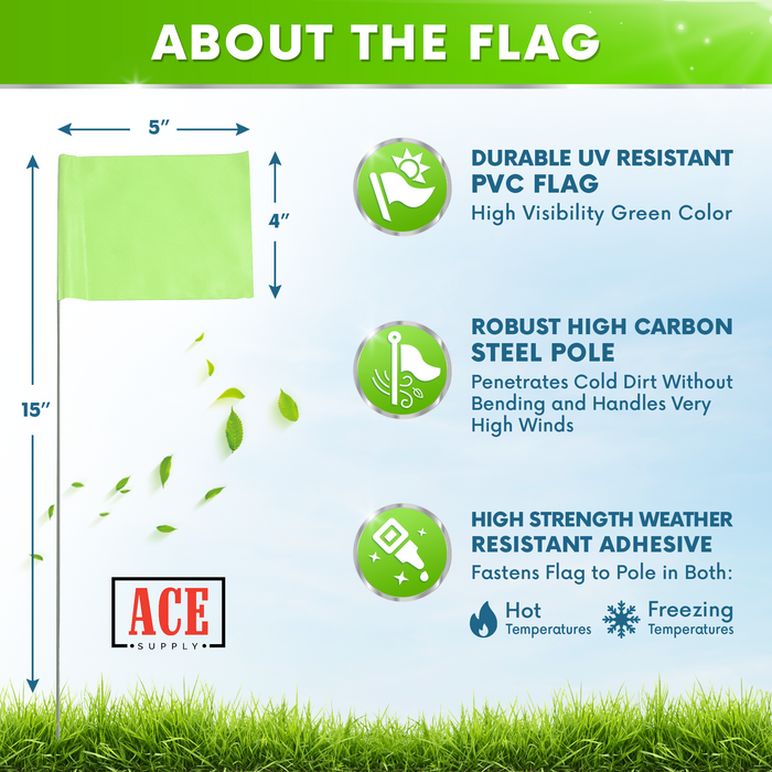 ACE Supply Marking Flags - 4 x 5-Inch Flag on 15-Inch Steel Wire - Fluorescent Lime, 100-Pack