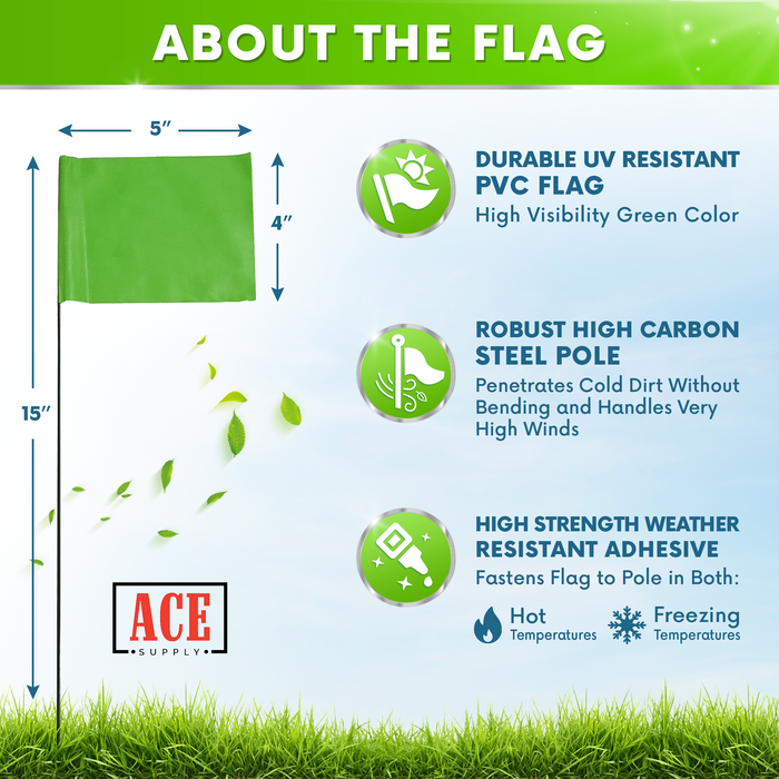 ACE Supply Marking Flags - 4 x 5-Inch Flag on 15-Inch Steel Wire - Fluorescent Green, 100-Pack