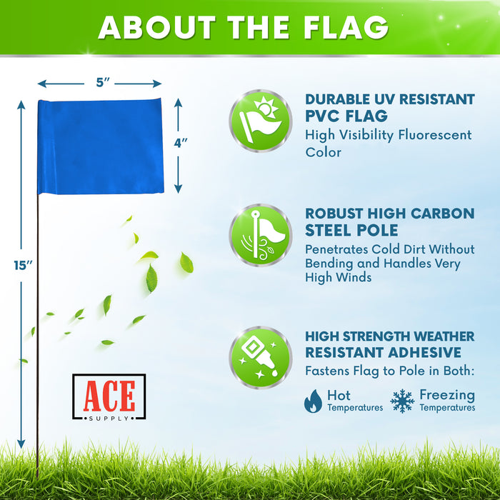 ACE Supply Marking Flags - 4 x 5-Inch Flag on 15-Inch Steel Wire - Fluorescent Blue, 1,000-Pack