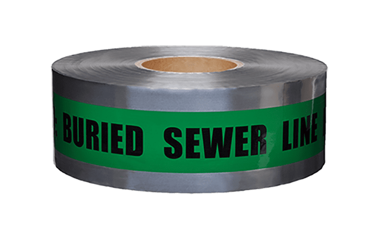 3" X 1000' 5Mil Green "Caution Buried Sewer Line" Detectable Tape - 8 Roll Pack