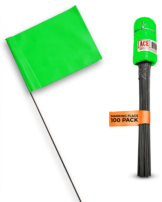 ACE Supply Marking Flags - 4 x 5-Inch Flag on 15-Inch Steel Wire - Fluorescent Green, 100-Pack