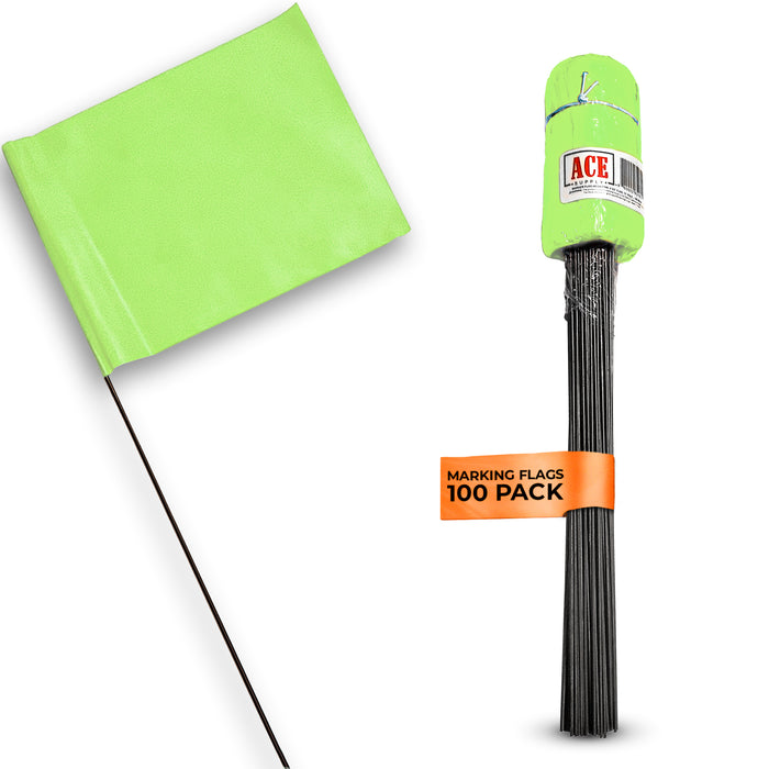 ACE Supply Marking Flags - 4 x 5-Inch Flag on 15-Inch Steel Wire - Fluorescent Lime, 100-Pack