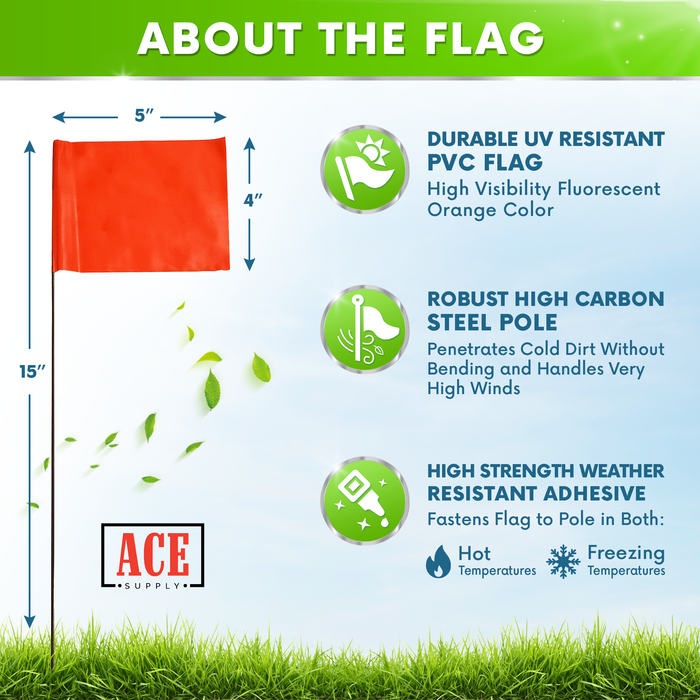 ACE Supply Marking Flags - 4 x 5-Inch Flag on 15-Inch Steel Wire - Fluorescent Orange, 1,000-Pack