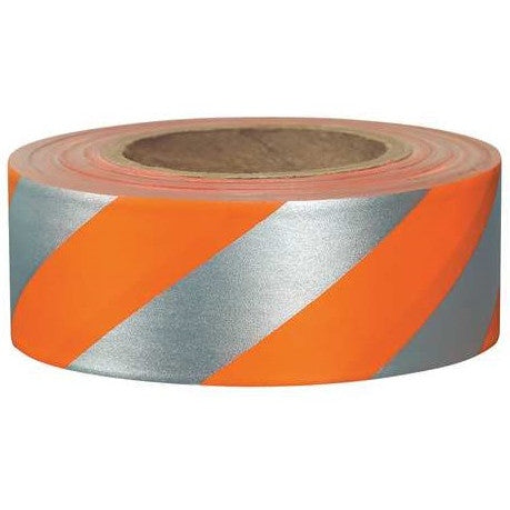 Presco Striped Flagging Tape - Orange Glo/Silver - 1 3/16" x 150' - 2.5 Mil - 12 Roll Pack