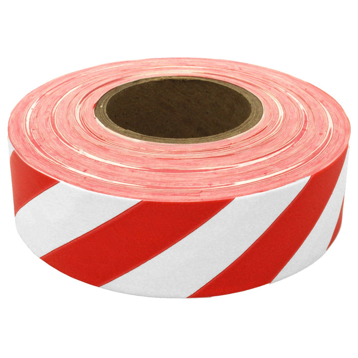 Presco Striped Flagging Tape - White/Red - 1 3/16" x 300' - 2 Mil - 12 Roll Pack