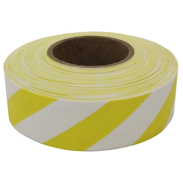 Presco Striped Flagging Tape - White/Yellow - 1 3/16" x 300' - 2 Mil - 12 Roll Pack