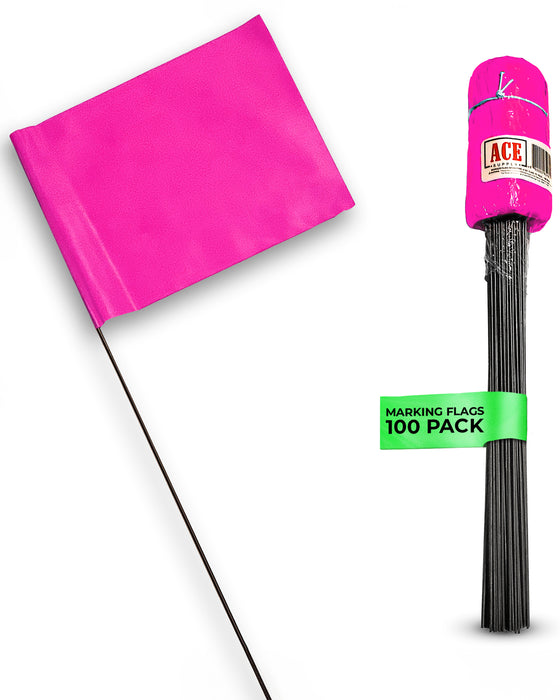 ACE Supply Marking Flags - 4 x 5-Inch Flag on 15-Inch Steel Wire – Neon Pink, 100-Pack